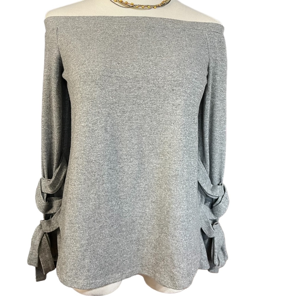 1.STATE Heather‎ Gray Off The Shoulder Tie Cuff Long Sleeve Knit Top Small